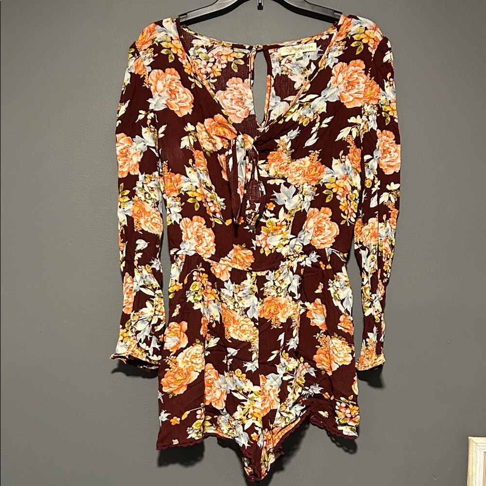 Rewind Floral Tie-Front Romper - Brown and Orange